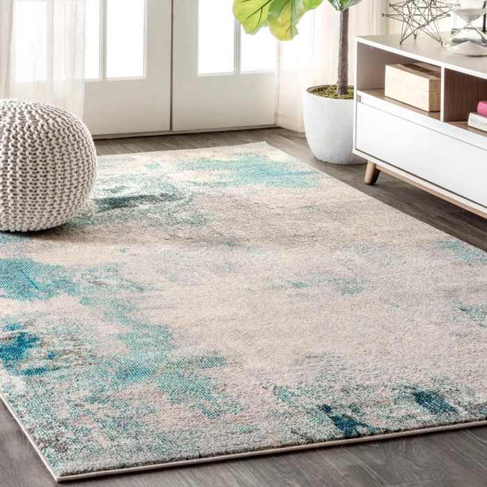 Contemporary POP Modern Abstract Vintage Cream/Blue 9 ft. x 12 ft. Area Rug