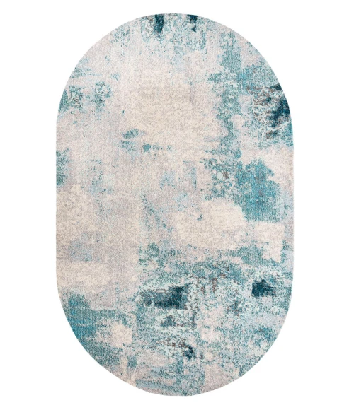 Contemporary POP Modern Abstract Vintage Cream/Blue 6 ft. x 9 ft. Oval Area Rug