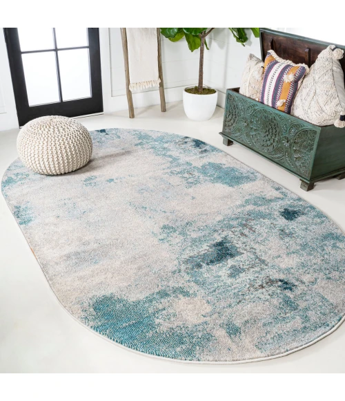 Contemporary POP Modern Abstract Vintage Cream/Blue 6 ft. x 9 ft. Oval Area Rug