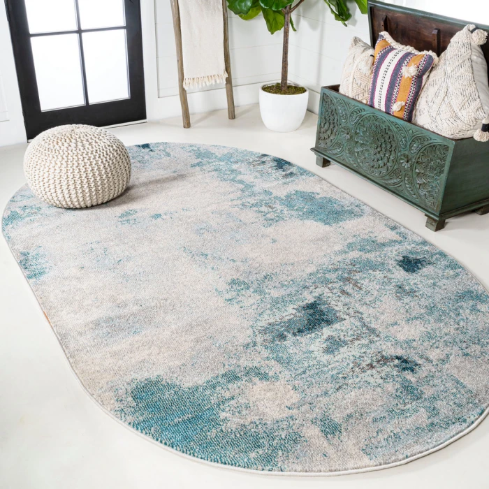 Contemporary POP Modern Abstract Vintage Cream/Blue 3 ft. x 5 ft. Oval Area Rug