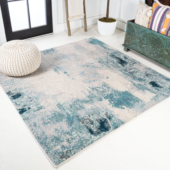 Contemporary POP Modern Abstract Vintage Cream/Blue 4' Square Area Rug