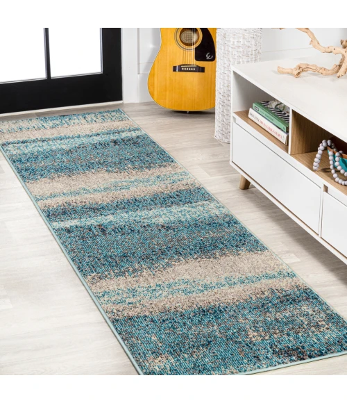 Contemporary POP Modern Abstract Vintage Cream/Turquoise 2 ft. x 8 ft. Runner Rug