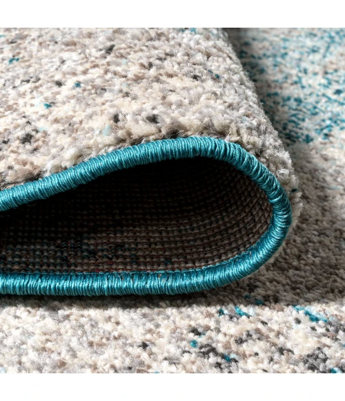 Contemporary POP Modern Abstract Vintage Cream/Turquoise 2 ft. x 8 ft. Runner Rug