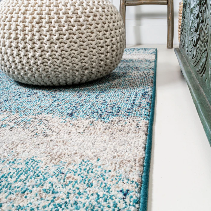 Contemporary POP Modern Abstract Vintage Cream/Turquoise 2 ft. x 8 ft. Runner Rug