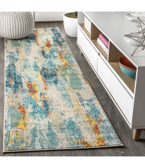 Contemporary POP Modern Abstract Vintage Waterfall Blue/Cream/Yellow 2 ft. x 8 ft. Runner Rug