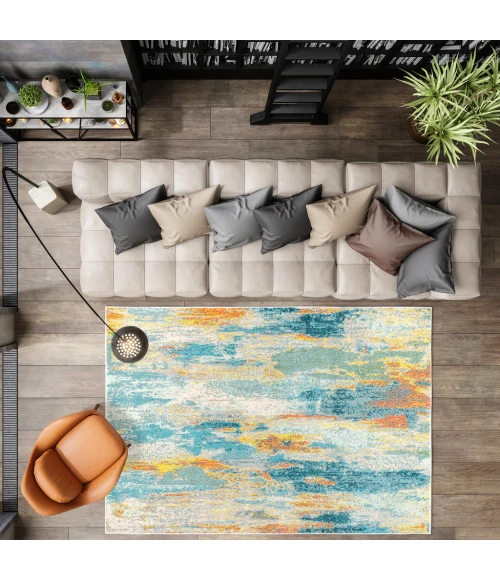 Contemporary POP Modern Abstract Vintage Waterfall Blue/Cream/Yellow 8 ft. x 10 ft. Area Rug