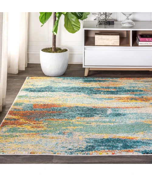 Contemporary POP Modern Abstract Vintage Waterfall Blue/Cream/Yellow 8 ft. x 10 ft. Area Rug