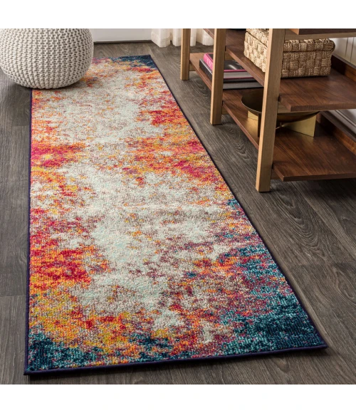 Contemporary POP Modern Abstract Vintage Waterfall Cream/Blue 2 ft. x 8 ft. Runner Rug