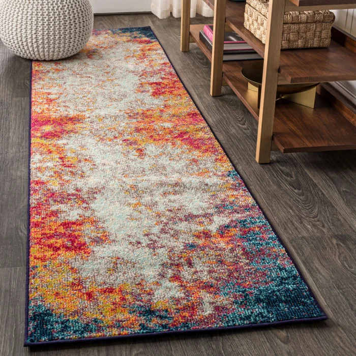 Contemporary POP Modern Abstract Vintage Waterfall Cream/Blue 2 ft. x 8 ft. Runner Rug