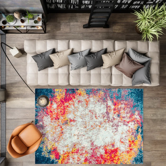 Contemporary POP Modern Abstract Cream/Blue 3 ft. x 5 ft. Area Rug
