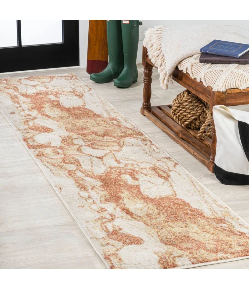Marmo Abstract Marbled Modern Orange/Cream 2 ft. x 8 ft. Runner Rug