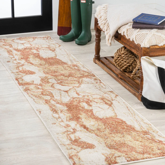 Marmo Abstract Marbled Modern Orange/Cream 2 ft. x 8 ft. Runner Rug