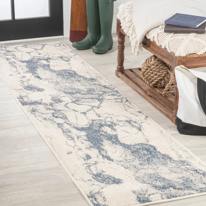 Marmo Abstract Marbled Modern Blue/Cream 2 ft. x 8 ft. Runner Rug