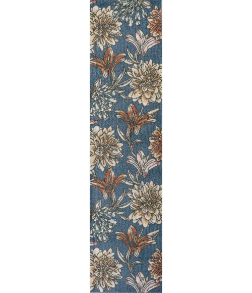 Giglio Modern Botanical Flower Blue/Orange/Cream 2 ft. x 8 ft. Runner Rug