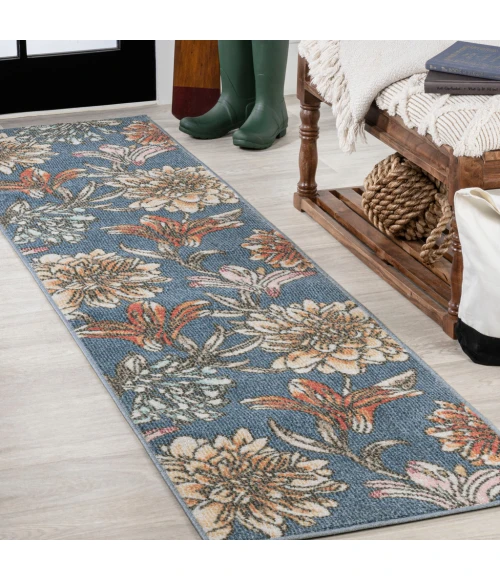 Giglio Modern Botanical Flower Blue/Orange/Cream 2 ft. x 8 ft. Runner Rug