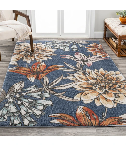 Giglio Modern Botanical Flower Blue/Orange/Cream 5 ft. x 8 ft. Area Rug