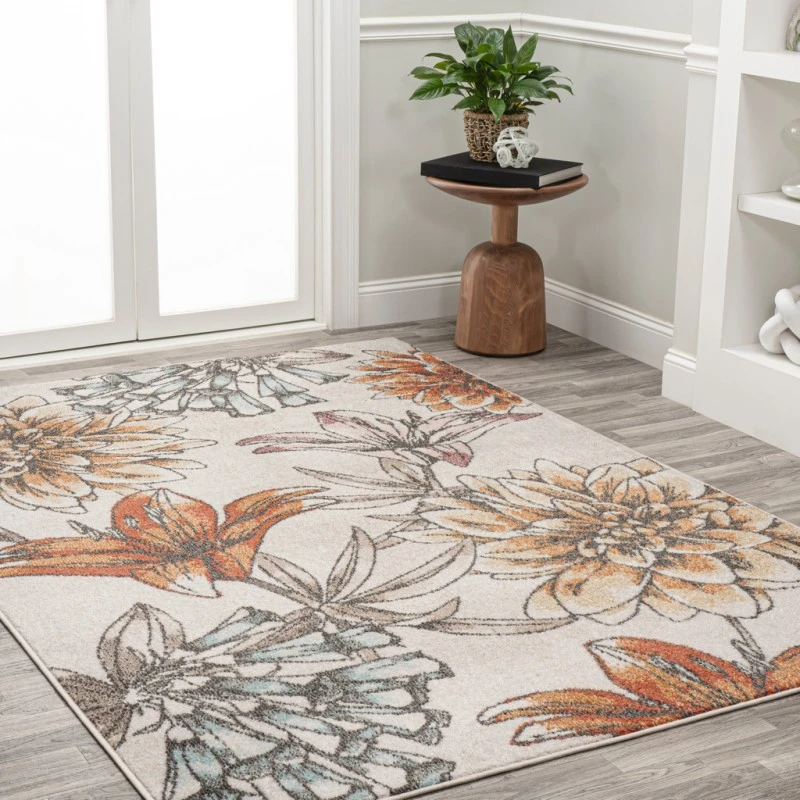 Giglio Modern Botanical Flower Orange/Blue/Cream 5 ft. x 8 ft. Area Rug