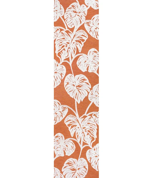 Tobago High-Low Two-Tone Monstera Leaf Orange/Ivory 2 ft. x 8 ft. Indoor/Outdoor Runner Rug