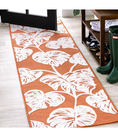 Tobago High-Low Two-Tone Monstera Leaf Orange/Ivory 2 ft. x 8 ft. Indoor/Outdoor Runner Rug
