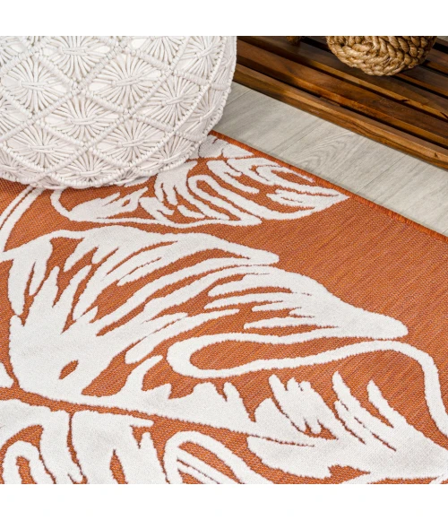 Tobago High-Low Two-Tone Monstera Leaf Orange/Ivory 2 ft. x 8 ft. Indoor/Outdoor Runner Rug