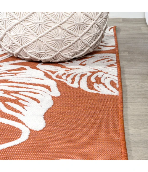 Tobago High-Low Two-Tone Monstera Leaf Orange/Ivory 2 ft. x 8 ft. Indoor/Outdoor Runner Rug