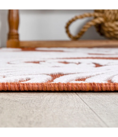 Tobago High-Low Two-Tone Monstera Leaf Orange/Ivory 2 ft. x 8 ft. Indoor/Outdoor Runner Rug