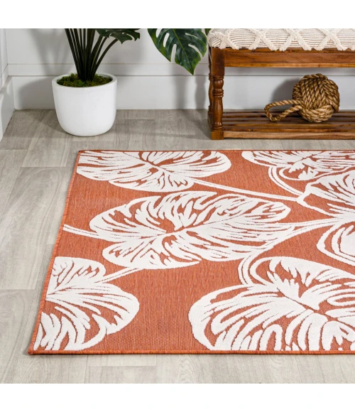 Tobago High-Low Two-Tone Monstera Leaf Orange/Ivory 8 ft. x 10 ft. Indoor/Outdoor Area Rug