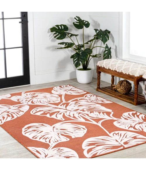 Tobago High-Low Two-Tone Monstera Leaf Orange/Ivory 8 ft. x 10 ft. Indoor/Outdoor Area Rug