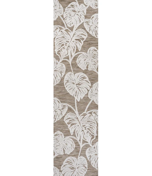 Tobago High-Low Two-Tone Monstera Leaf Brown/Ivory 2 ft. x 8 ft. Indoor/Outdoor Runner Rug