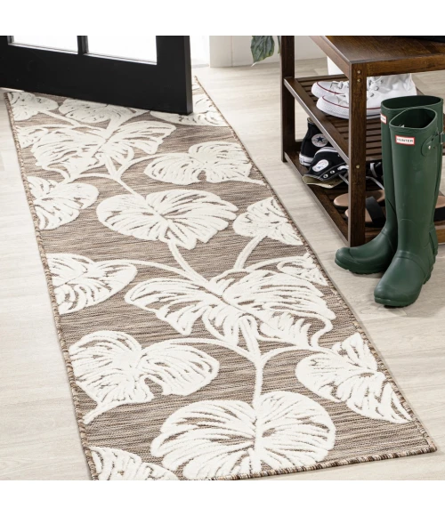 Tobago High-Low Two-Tone Monstera Leaf Brown/Ivory 2 ft. x 8 ft. Indoor/Outdoor Runner Rug