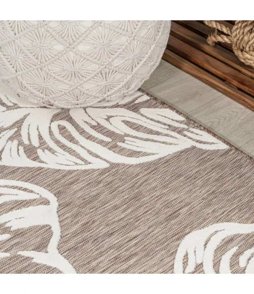 Tobago High-Low Two-Tone Monstera Leaf Brown/Ivory 5 ft. x 8 ft. Indoor/Outdoor Area Rug