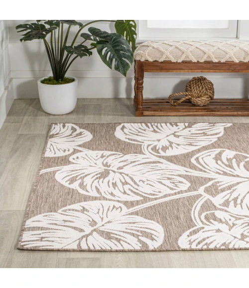 Tobago High-Low Two-Tone Monstera Leaf Brown/Ivory 5 ft. x 8 ft. Indoor/Outdoor Area Rug