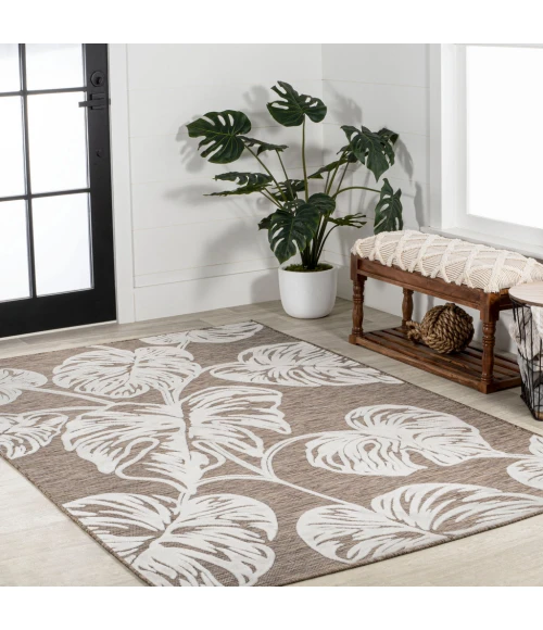 Tobago High-Low Two-Tone Monstera Leaf Brown/Ivory 5 ft. x 8 ft. Indoor/Outdoor Area Rug