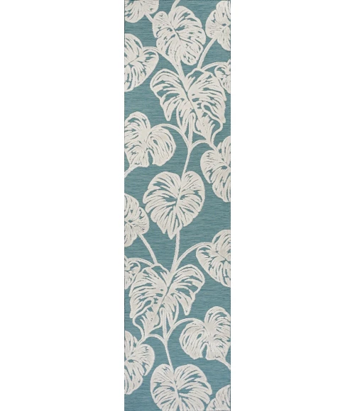 Tobago High-Low Two-Tone Monstera Leaf Blue/Ivory 2 ft. x 8 ft. Indoor/Outdoor Runner Rug