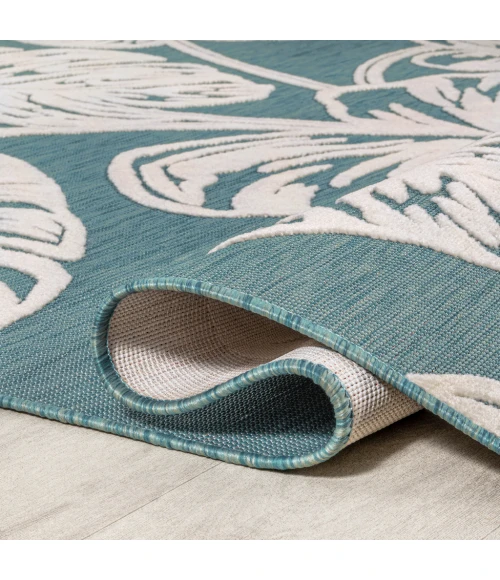 Tobago High-Low Two-Tone Monstera Leaf Blue/Ivory 2 ft. x 8 ft. Indoor/Outdoor Runner Rug