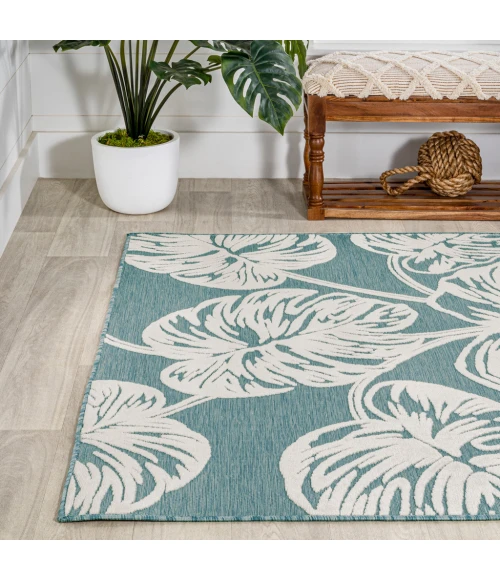 Tobago High-Low Two-Tone Monstera Leaf Blue/Ivory 8 ft. x 10 ft. Indoor/Outdoor Area Rug