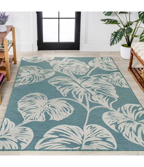 Tobago High-Low Two-Tone Monstera Leaf Blue/Ivory 8 ft. x 10 ft. Indoor/Outdoor Area Rug