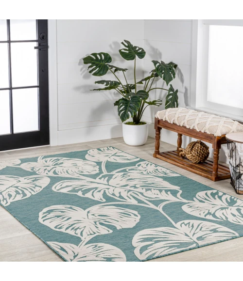 Tobago High-Low Two-Tone Monstera Leaf Blue/Ivory 8 ft. x 10 ft. Indoor/Outdoor Area Rug