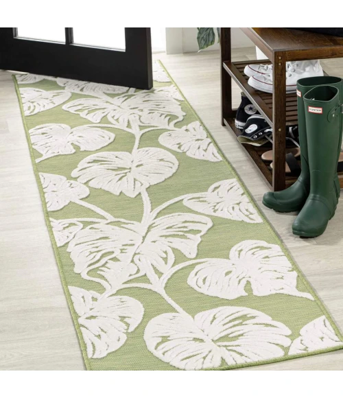 Tobago High-Low Two-Tone Monstera Leaf Light Green/Ivory 2 ft. x 8 ft. Indoor/Outdoor Runner Rug