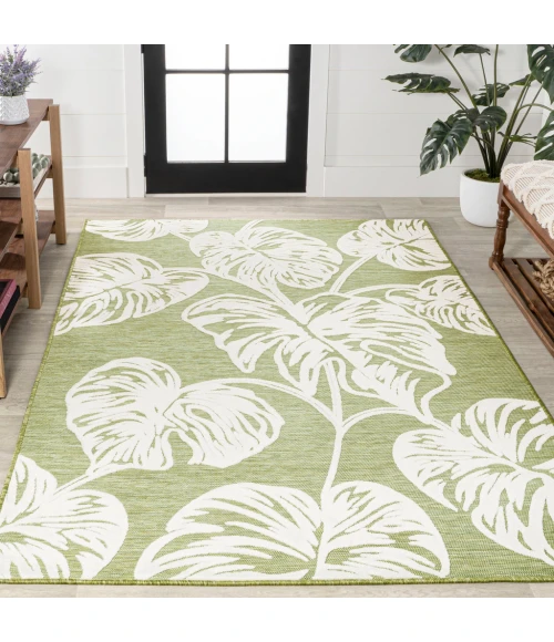 Tobago High-Low Two-Tone Monstera Leaf Light Green/Ivory 8 ft. x 10 ft. Indoor/Outdoor Area Rug