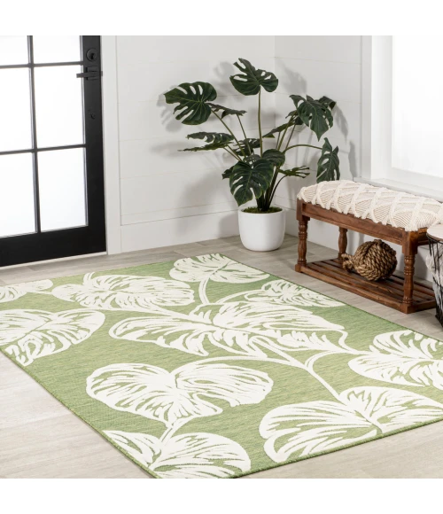 Tobago High-Low Two-Tone Monstera Leaf Light Green/Ivory 8 ft. x 10 ft. Indoor/Outdoor Area Rug