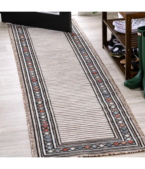 Sebastian High-Low Modern Diamond Border Brown/Ivory 2 ft. x 8 ft. Indoor/Outdoor Runner Rug