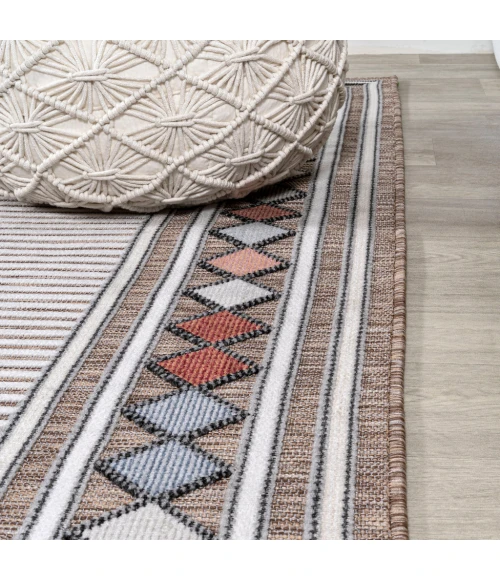 Sebastian High-Low Modern Diamond Border Brown/Ivory 2 ft. x 8 ft. Indoor/Outdoor Runner Rug