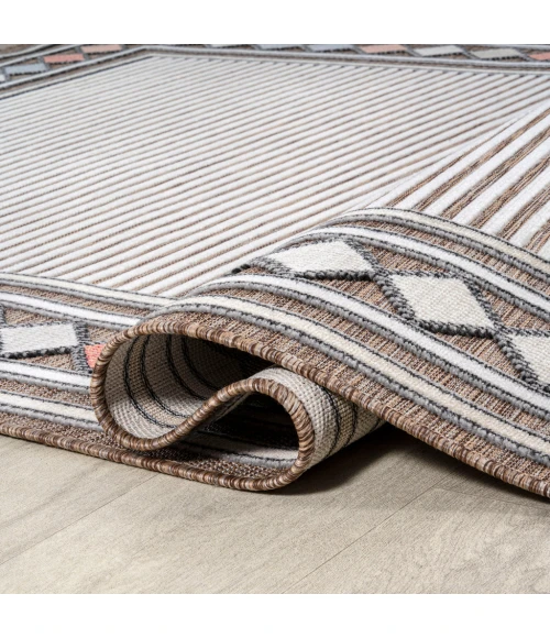 Sebastian High-Low Modern Diamond Border Brown/Ivory 2 ft. x 8 ft. Indoor/Outdoor Runner Rug