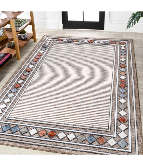 Sebastian High-Low Modern Diamond Border Brown/Ivory 5 ft. x 8 ft. Indoor/Outdoor Area Rug