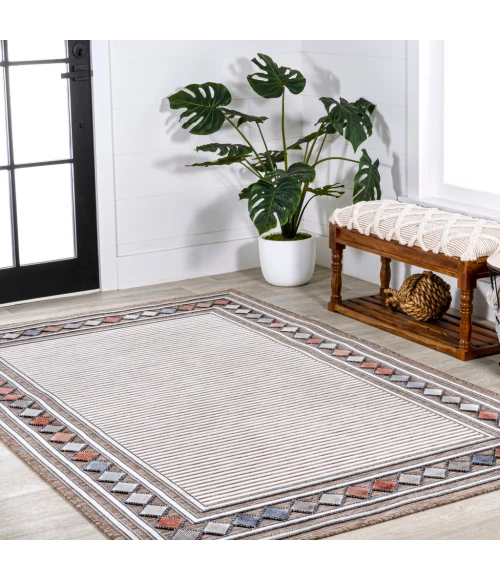 Sebastian High-Low Modern Diamond Border Brown/Ivory 5 ft. x 8 ft. Indoor/Outdoor Area Rug