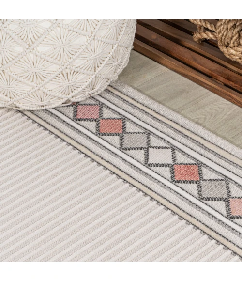 Sebastian High-Low Modern Diamond Border Ivory/Beige 5 ft. x 8 ft. Indoor/Outdoor Area Rug