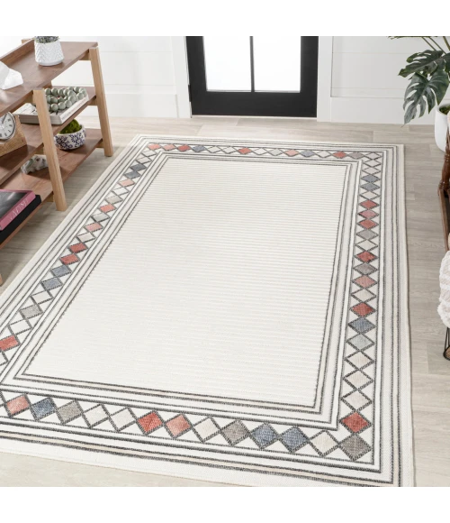 Sebastian High-Low Modern Diamond Border Ivory/Beige 5 ft. x 8 ft. Indoor/Outdoor Area Rug