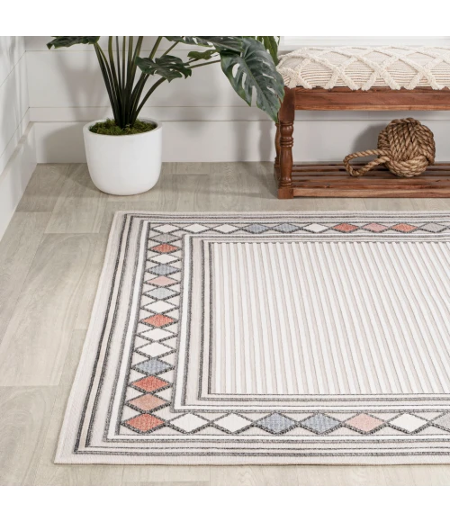 Sebastian High-Low Modern Diamond Border Ivory/Beige 5 ft. x 8 ft. Indoor/Outdoor Area Rug