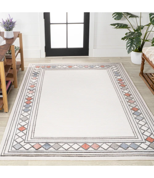 Sebastian High-Low Modern Diamond Border Ivory/Beige 5 ft. x 8 ft. Indoor/Outdoor Area Rug